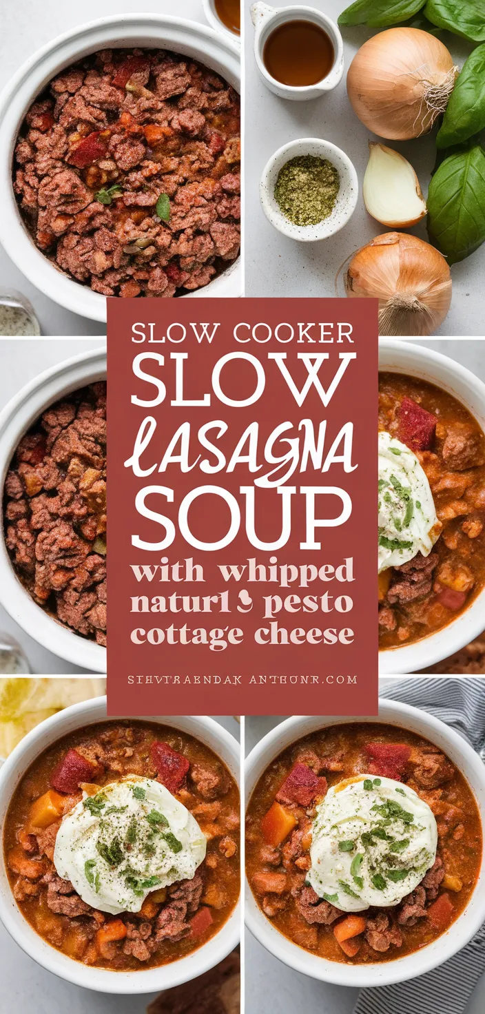 A photo of Slow Cooker Lasagna Soup With Whipped Pesto Cottage Cheese Recipe