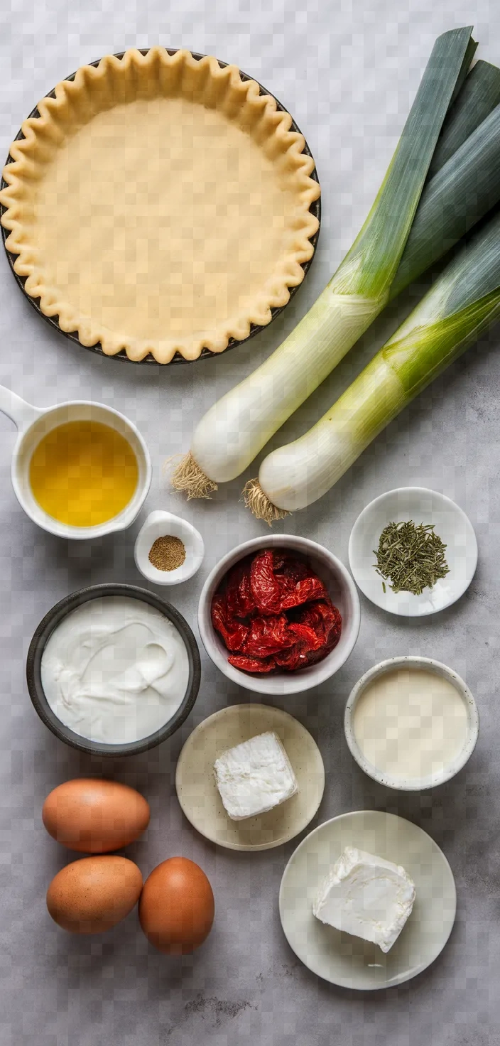 Ingredients photo for Leek Sun Dried Tomato Goat Cheese Deep Dish Quiche Recipe