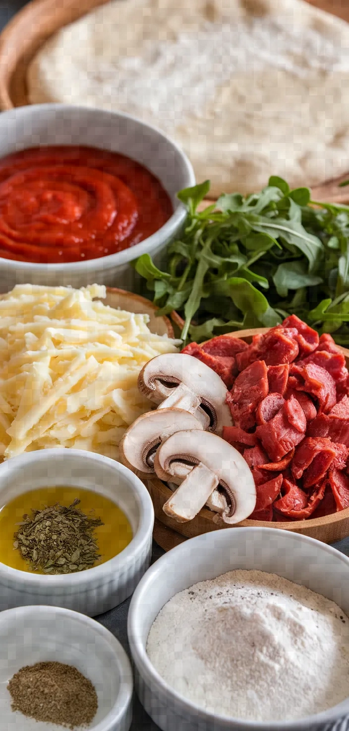 Ingredients photo for Mushroom Sausage And Arugula Pizza Recipe