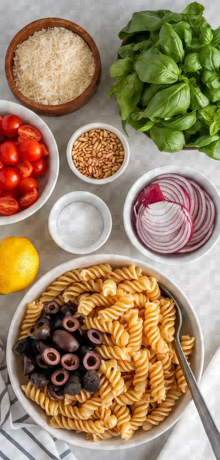 Ingredients photo for Carrot Greens Pesto Pasta Salad Recipe