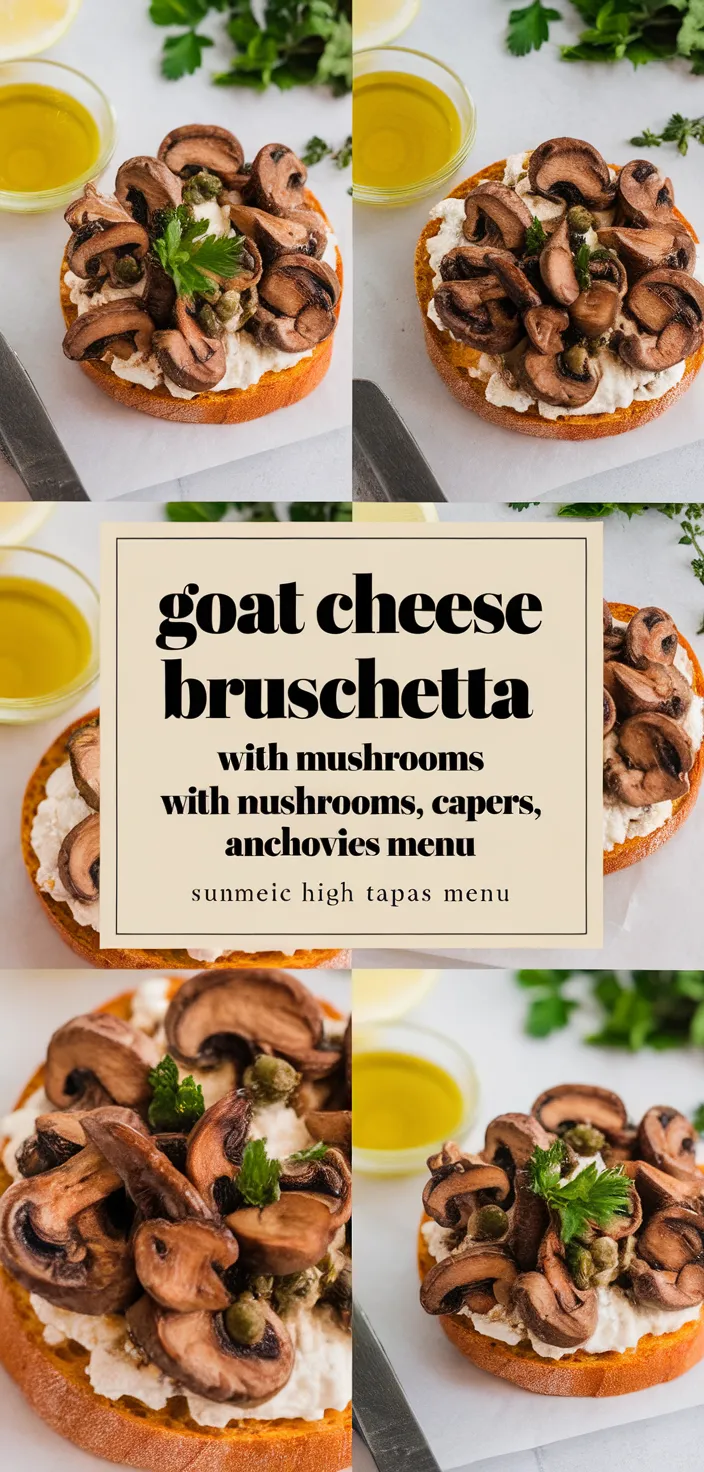 A photo of Goat Cheese Bruschetta With Mushrooms Capers Anchovies Summer Tapas Menu Recipe