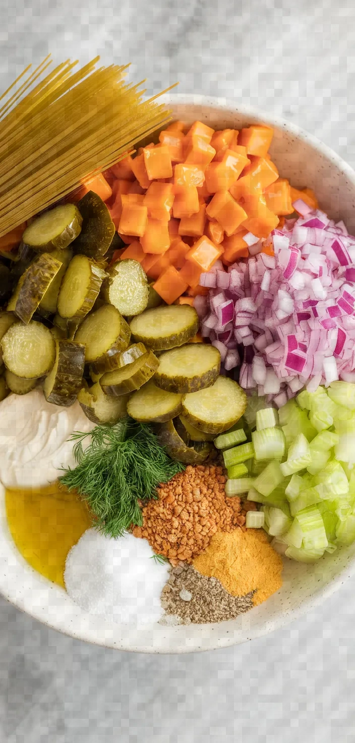 Ingredients photo for Dill Pickle Pasta Salad No Mayo Recipe