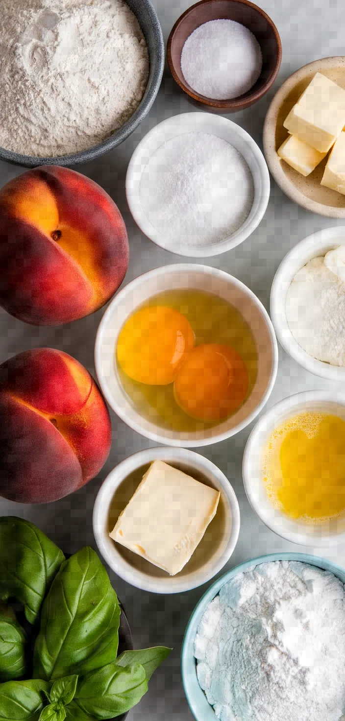 Ingredients photo for Fresh Peach Curd Tart With Basil Sugar Whipped Cream Recipe