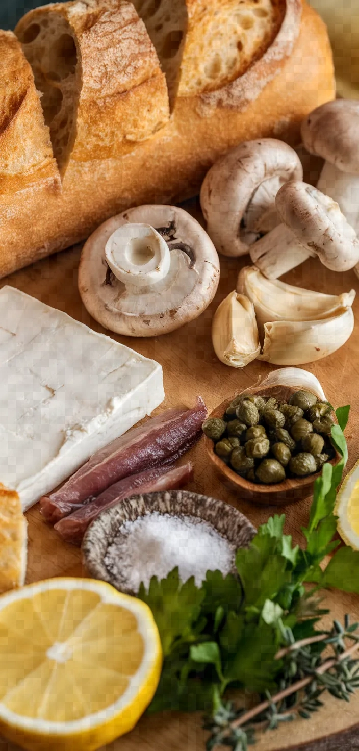 Ingredients photo for Goat Cheese Bruschetta With Mushrooms Capers Anchovies Summer Tapas Menu Recipe