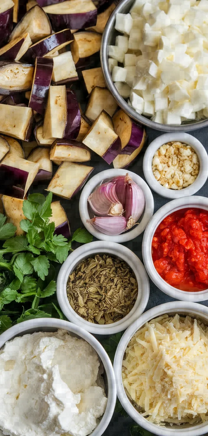 Ingredients photo for Creamy Eggplant Pasta With Tomato Ricotta Sauce Recipe