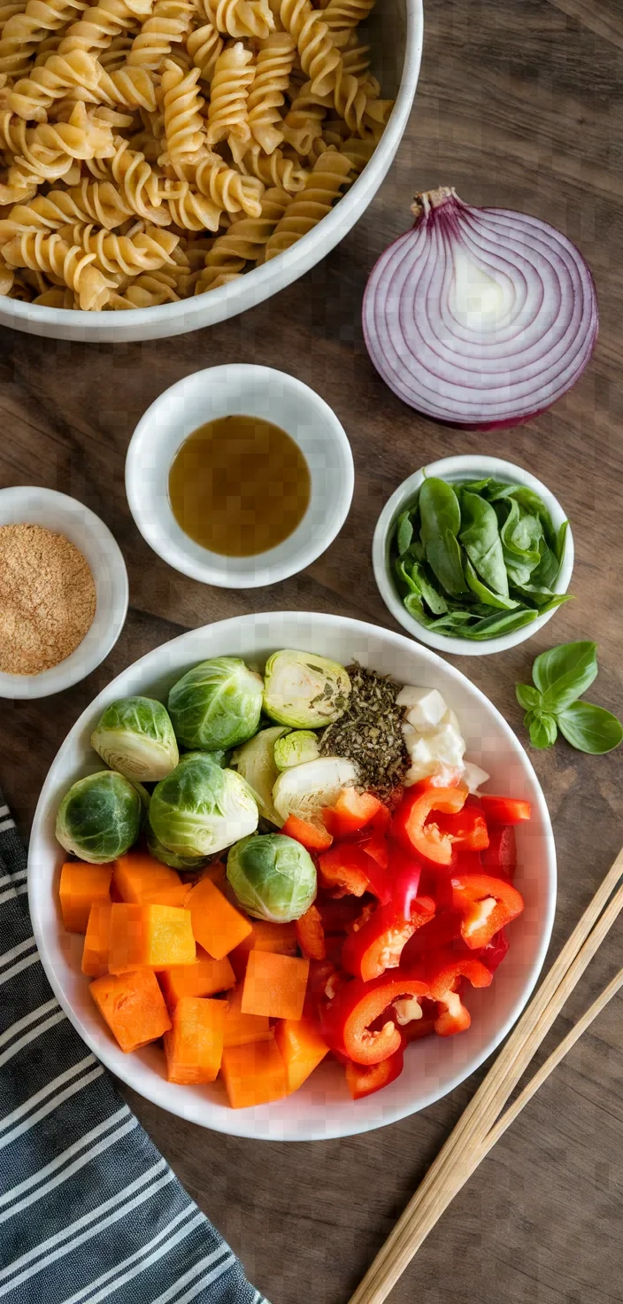 Ingredients photo for Fall Roasted Vegetable Pasta Vegan Recipe