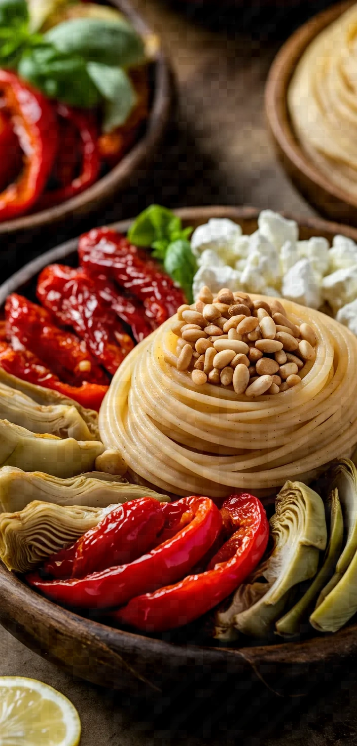 Ingredients photo for Mediterranean Pasta Roasted Red Peppers Artichokes Recipe