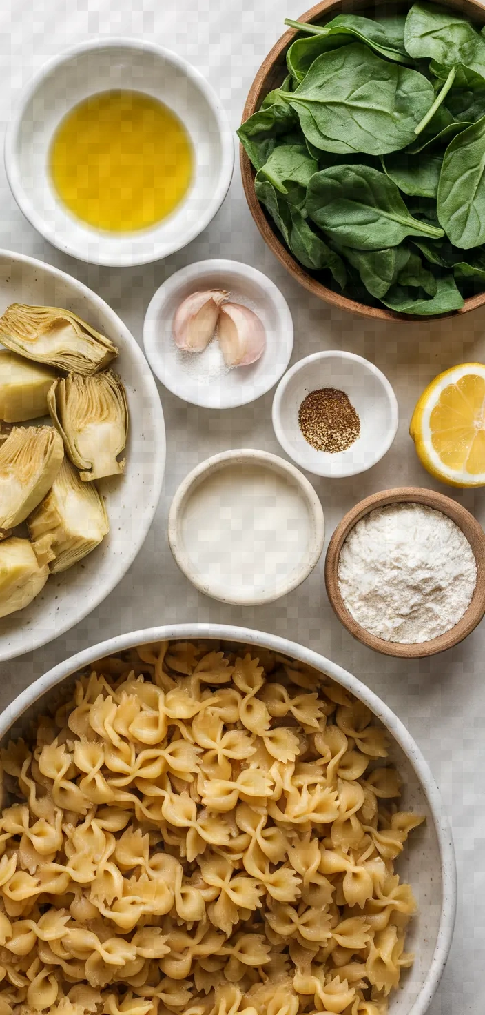 Ingredients photo for Vegan Spinach Artichoke Pasta Recipe