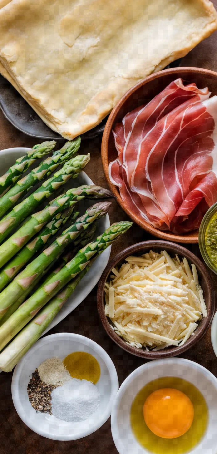 Ingredients photo for Asparagus Puff Pastry Tart With Proscuitto And Pesto Recipe