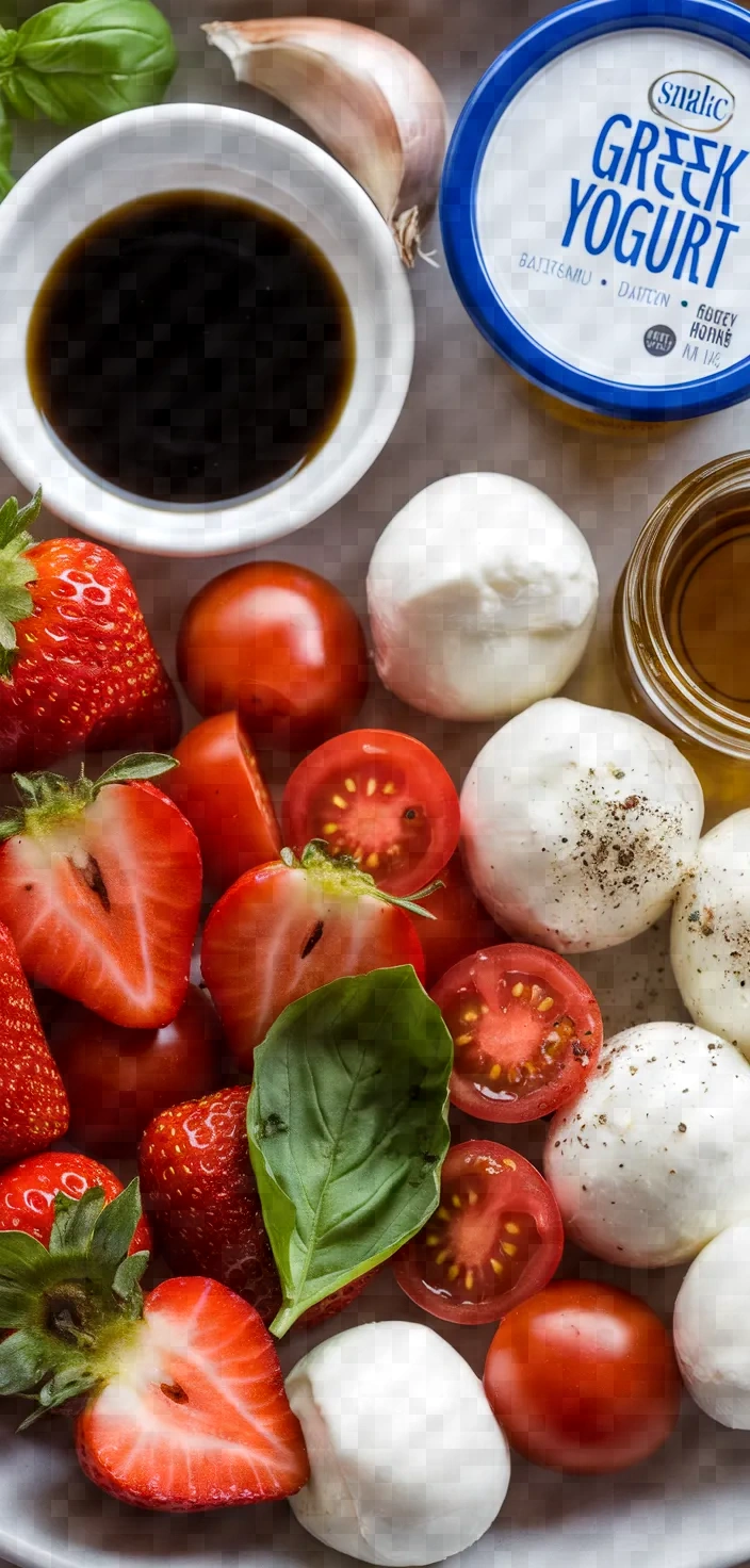 Ingredients photo for Strawberry Caprese Salad With Creamy Balsamic Dressing Recipe