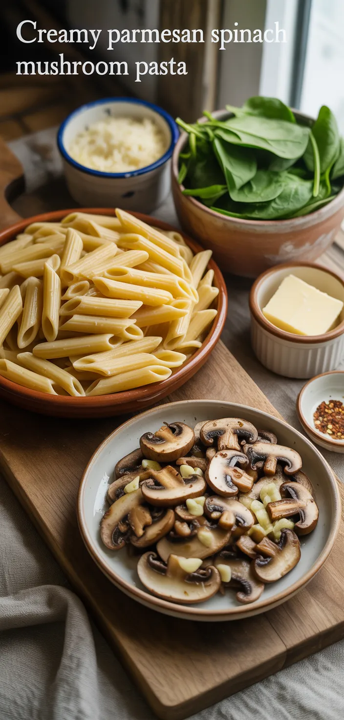 Ingredients photo for Creamy Parmesan Spinach Mushroom Pasta Recipe