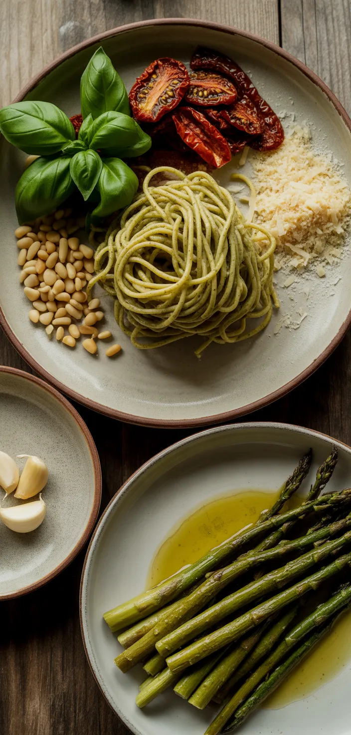 Ingredients photo for Pesto Pasta With Sun Dried Tomatoes And Roasted Asparagus Recipe